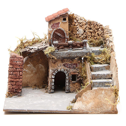 Composition of houses in cork and wood, Neapolitan Nativity, 20x23x20cm 1