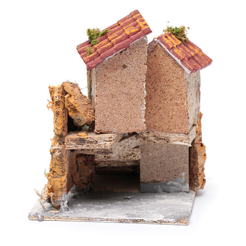 House with stairs in cork and resin for nativity scene, 16x15x18cm 4