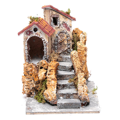 House with stairs in cork and resin for nativity scene, 16x15x18cm 1