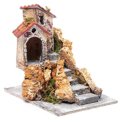House with stairs in cork and resin for nativity scene, 16x15x18cm 3