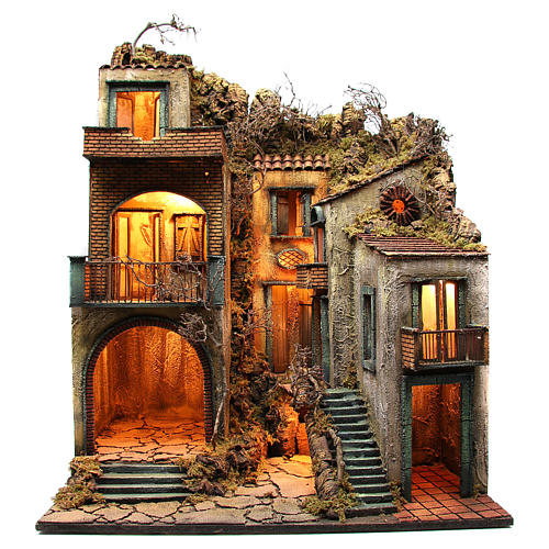 Borgo con capanna illuminato 110x80x58 cm presepe napoletano 1
