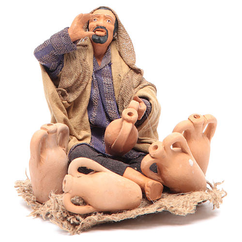 Neapolitan Nativity figurine Merchant sitting with amphorae 14cm 1