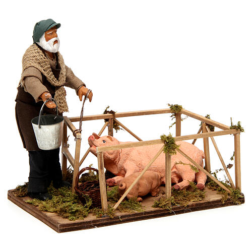 Mężczyzna przy zagrodzie świń, szopka neapolitańska 14 cm 3