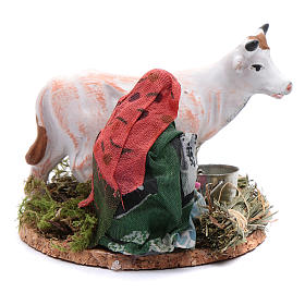 Woman sitting with a bucket and cow 8 cm for Neapolitan nativity scene