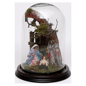 Crèche Napolitaine: Cloche en verre avec scène nativité crèche napolitaine