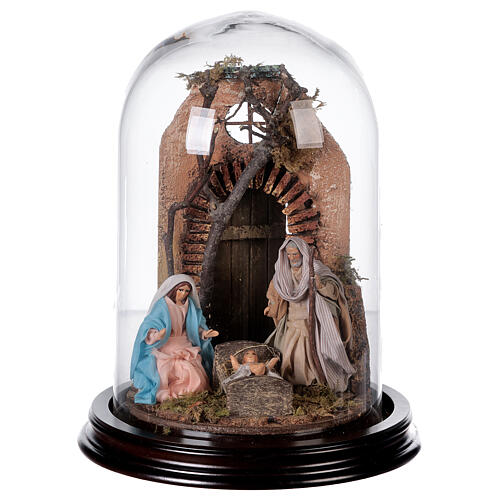 Neapolitan Nativity Scene Holy Family with setting in glass dome 24.5cm 1