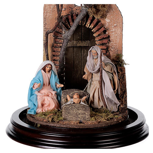 Neapolitan Nativity Scene Holy Family with setting in glass dome 24.5cm 2