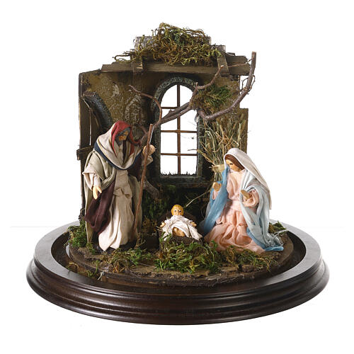 Heilige Familie in Glasglocke mit Engel neapolitanische Krippe 2