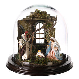 Nativity scene with stable, glass domed roof and angel for Neapolitan nativity scene