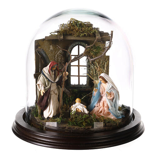 Natividad cúpula vidrio con pared establo y ángel  pesebre napolitano 1
