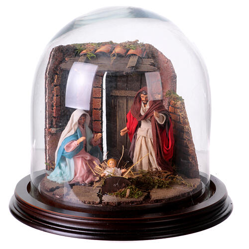 Natività con parete di stalla e angelo - cupola di vetro presepe Napoli 1