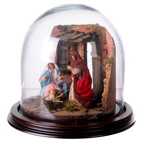 Natività con parete di stalla e angelo - cupola di vetro presepe Napoli 3