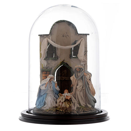 Heilige Familie in Glasglocke 30x25cm neapolitanische Krippe 1