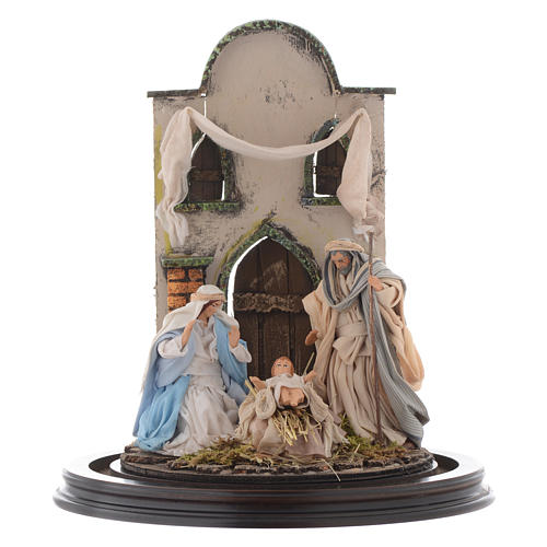 Heilige Familie in Glasglocke 30x25cm neapolitanische Krippe 2