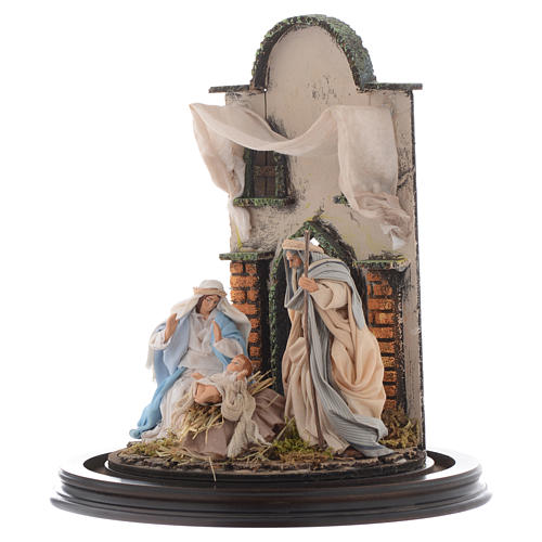 Heilige Familie in Glasglocke 30x25cm neapolitanische Krippe 3