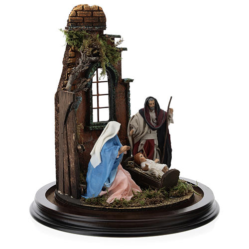 Neapolitan nativity scene on a wooden base with a glass domed roof 4