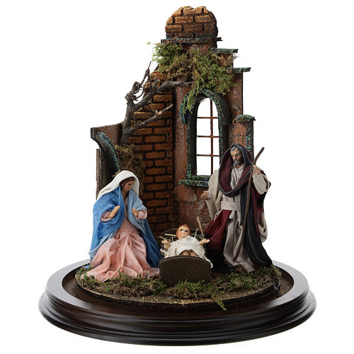 Neapolitan nativity scene on a wooden base with a glass domed roof 2