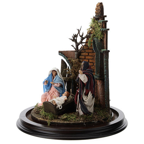Neapolitan nativity scene on a wooden base with a glass domed roof 3