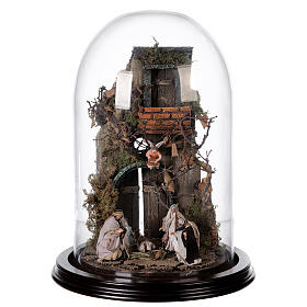 Escena pesebre Sagrada Familia campana vidrio base madera 25 cm Belén Napolitano