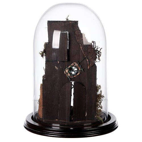 Escena pesebre Sagrada Familia campana vidrio base madera 25 cm Belén Napolitano 5