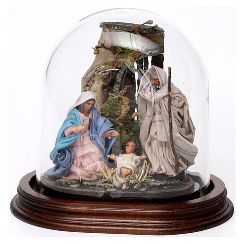 Heilige Familie mit Glasglocke 15x15cm neapolitanische Krippe 1