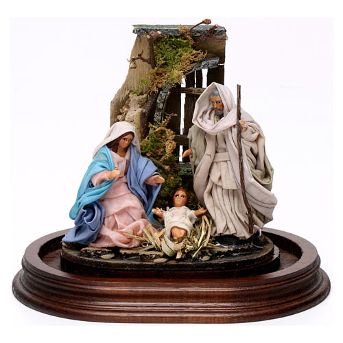 Heilige Familie mit Glasglocke 15x15cm neapolitanische Krippe 2