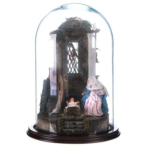 Heilige Familie mit Szene unter Glasglocke 40x30cm neapolitanische Krippe 1