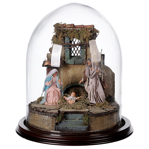 Trio nativité crèche napolitaine avec cloche verre 30x30 cm style arabe 1