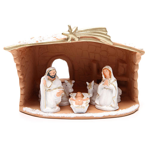 Nativity decorated terracotta with hut and snow h. 20x10x16cm 1