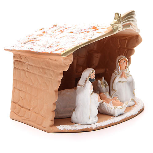 Nativity decorated terracotta with hut and snow h. 20x10x16cm 3