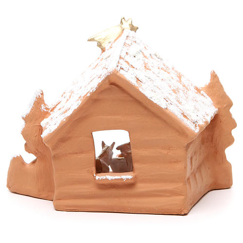 Nativity decorated terracotta with hut and snow h. 20x14x18cm 4