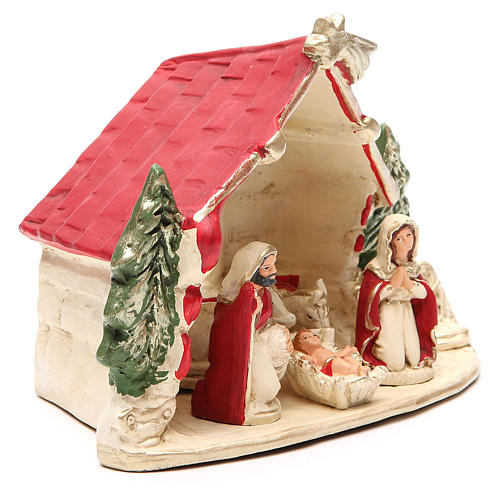 Heilige Familie mit Hütte Terrakotta Deruta 20x14x18cm weiss und rot 3