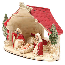 Cabane avec Nativité décor rouge 20x14x18 cm