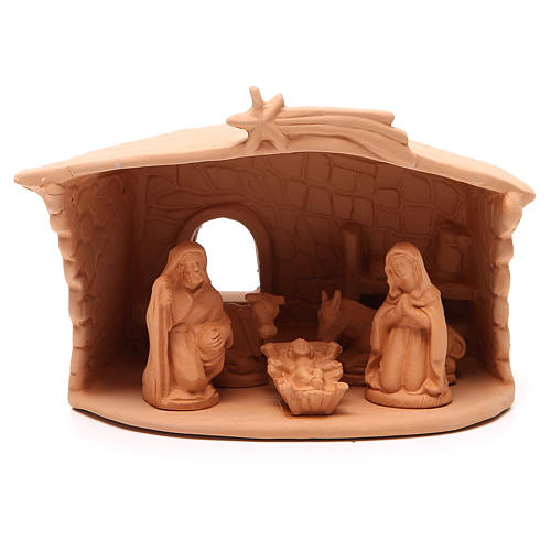 Hut and Nativity in natural terracotta 20x10x16cm 1