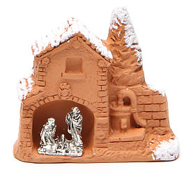 Shed and miniature Nativity terracotta and snow 6x7x3cm