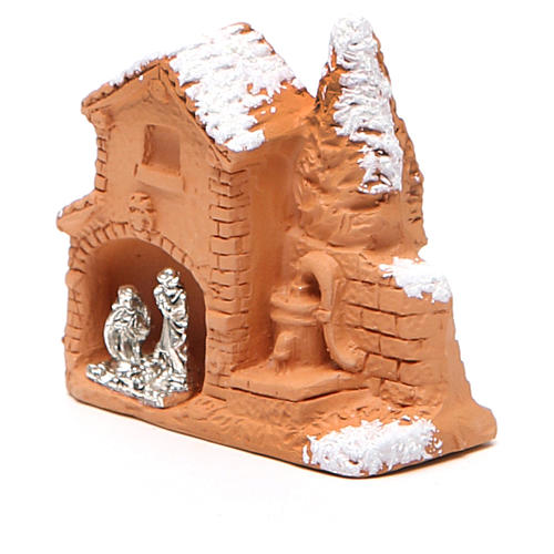 Shed and miniature Nativity terracotta and snow 6x7x3cm 2