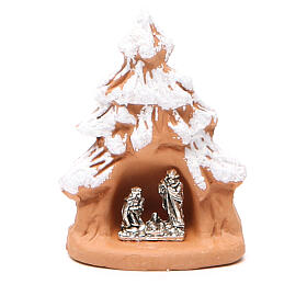 Weihnachtsbaum aus Terrakotta mit Schnee und Christi Geburt, 7 x 5 x 4 cm