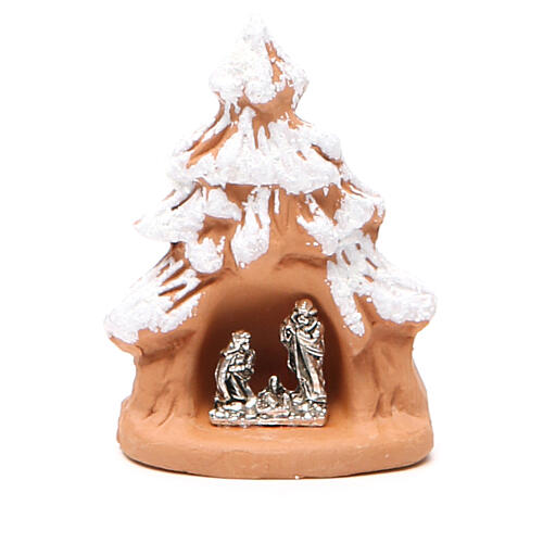 Weihnachtsbaum aus Terrakotta mit Schnee und Christi Geburt, 7 x 5 x 4 cm 1