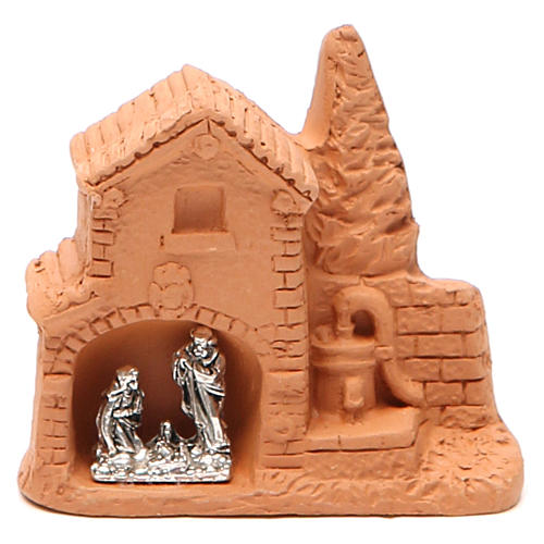 Shack and miniature Nativity natural terracotta 6x7x3cm 1