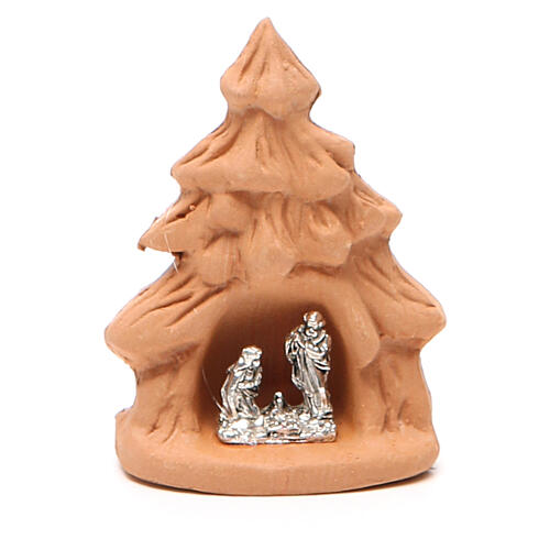 Weihnachtsbaum aus natűrlicher Terrakotta mit Christi Geburt, 7 x 5 x 4 cm 1