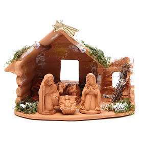Heilige Familie mit Hütte Terrakotta Deruta mit Moos 20x23x16cm