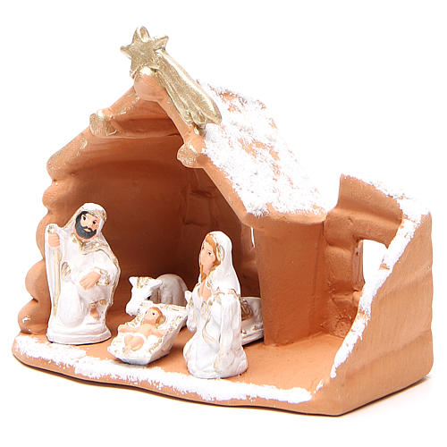 Small bell stable with Holy Family Deruta terracotta cream figurines h. 12  cm