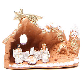 Heilige Familie mit Hütte Terrakotta Deruta 10x12x6cm weiss und gold