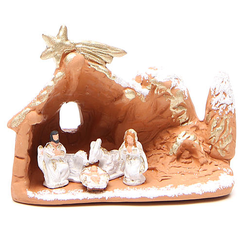 Heilige Familie mit Hütte Terrakotta Deruta 10x12x6cm weiss und gold 1