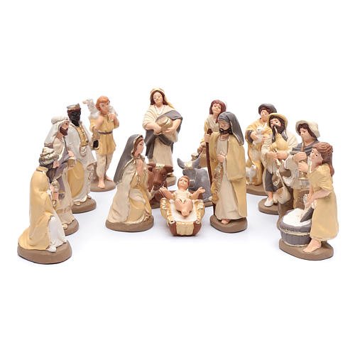 Nativity set in painted clay 15 figurines 20cm, elegant style 1