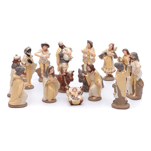Nativity set in painted clay 15 figurines 15cm, elegant style 1