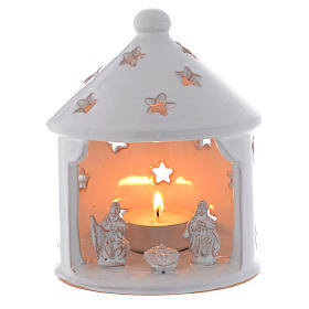 Drilled Christmas hut shaped candle holder in terracotta 13 cm