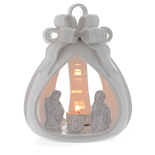 Kerzenhalter Sack Form weisse Terrakotta 17cm mit heilige Familie 1