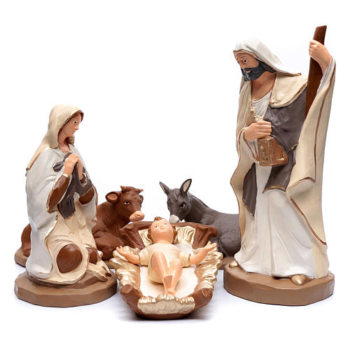 Nativity set in painted clay 5 figurines 50cm, elegant style 1