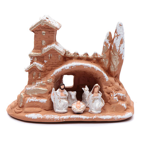 Hütte Terrakotta Deruta mit Schnee und heiligen Familie 1